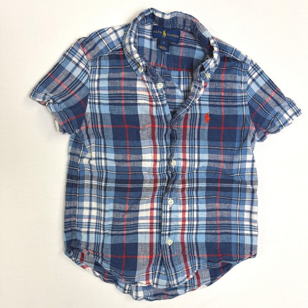 Ralph Lauren Boys Blue Red Plaid Linen Cotton Short Sleeve Button Down Shirt 5